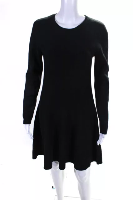 DKNY Womens Long Sleeve Crew Neck Knit Silk A Line Dress Black Size Medium