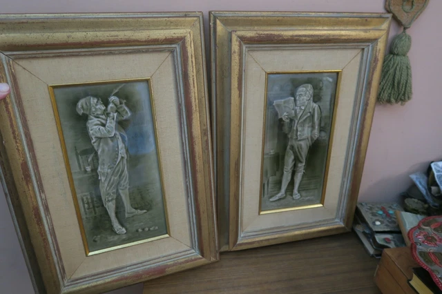 Pair of 2 J H Barratt Majolica Victorian Figural Tile 6" x 12" Framed Wall Art