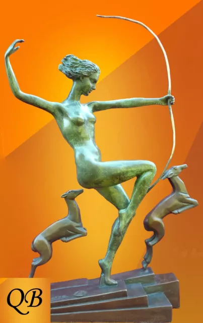 Bronze Figurine Art Deco Sculpture Statue Diana With Fawns Hot Cast Nude Figure
