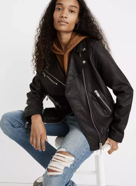 Madewell  Women Black Washed Leather Motorcycle Jacket Med NC112