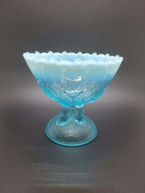 Antique Northwood Hilltop Vines Aqua Blue Opalescent Compote Footed Candy Dish