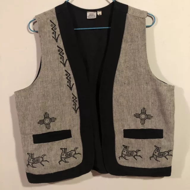 Vintage Vest Made In Nepal Gray & Black Horse Art Medium Venus Imports