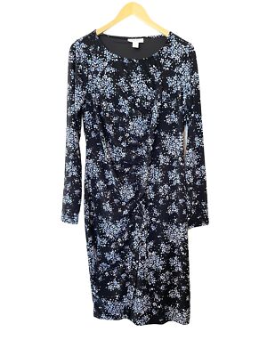 Motherhood Maternity Womens L Long Sleeve Black Blue Floral Dress Ruffle Detail