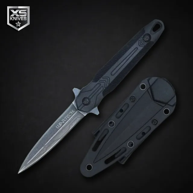 8.25" Stonewashed BLACK Tactical Fixed Blade DAGGER Hunting Knife + Kydex Sheath