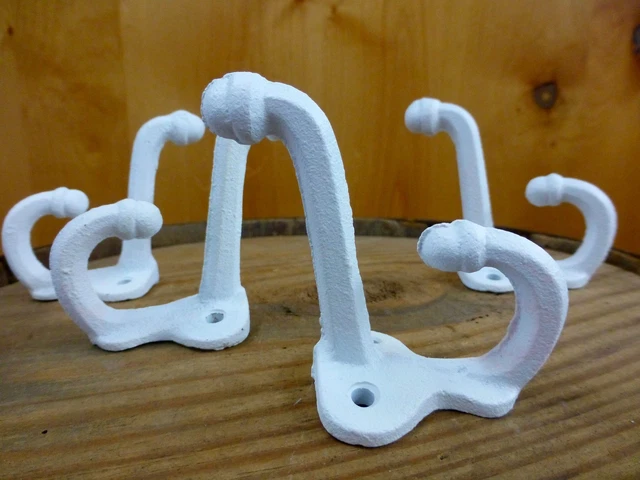4 WHITE ANTIQUE-STYLE DOUBLE SCHOOL COAT HOOKS RUSTIC CAST IRON 3" wall hardware