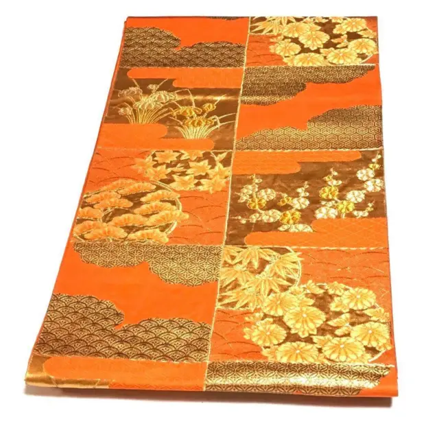 8856# Japanese Vintage Fukuro Obi Belt Kimono Pure Silk Snow Ring Orange