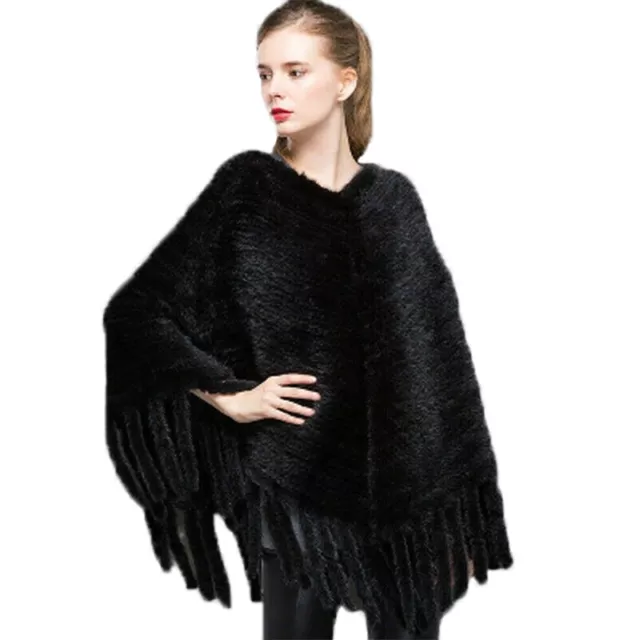 Real Mink Fur Cape Poncho Shawl Wraps Winter Cloak Coat With Tassels Black