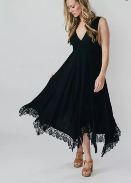 NWT Free People Girl Like You Long Plunging Lace Trim Slip Dress,black,sz.XS