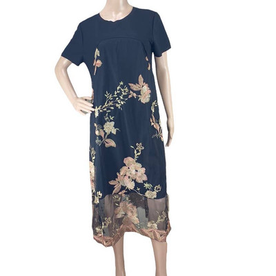 New Vicky and Lucas Black Gold Floral Embroidered Short Sleeve Mesh Shift Dress