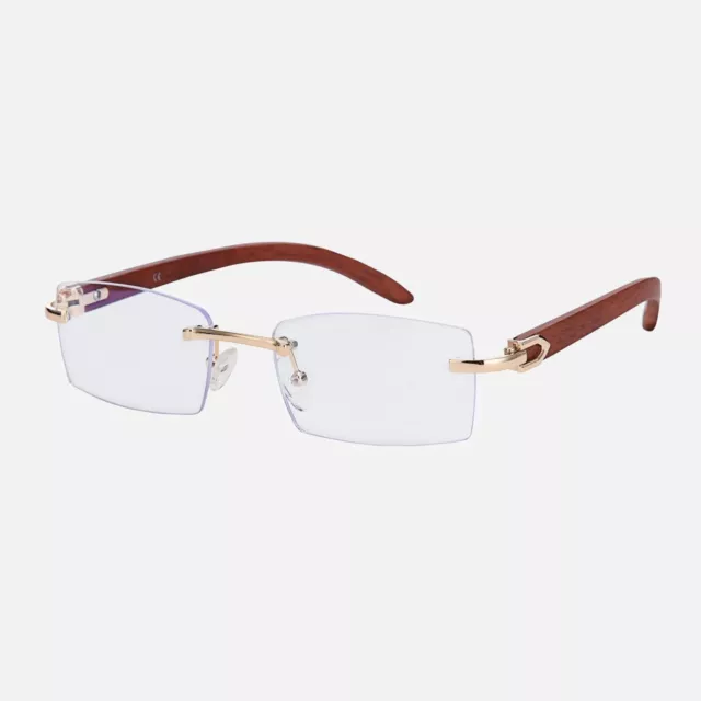 Men's Vintage Gold Frame Rimless Hip Hop Luxury Woodgrain Clear Lens Glasses