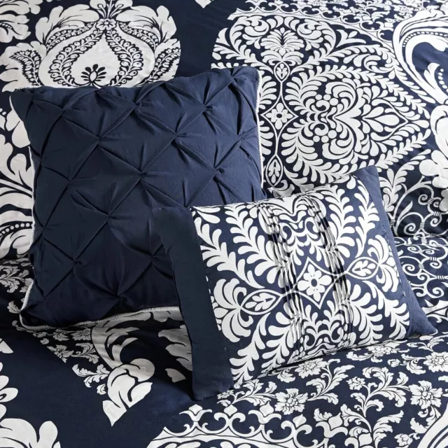 Navy Blue White Damask Scroll 7 pc Cotton Comforter Set Full Queen Cal King Bed 3