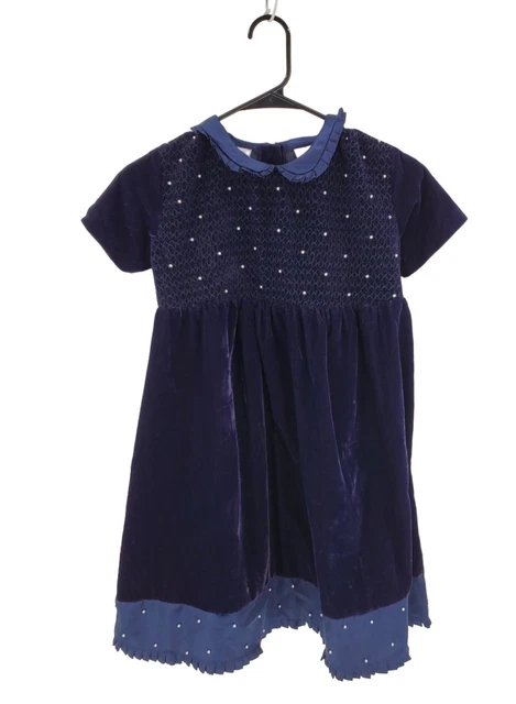 Vintage Storybook Heirlooms Girls Dress Velvet & Faux Pearl Smocked Blue 7