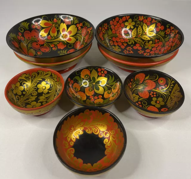 Khokhloma Hohloma Bowls 5 PCS SET Russian Hand Painted USSR 1976 VINTAGE