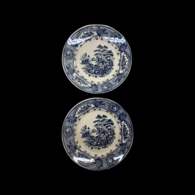 Vintage Blue White Transferware Plates 9.75" Chinoiserie Style Horse Rider  2pc.