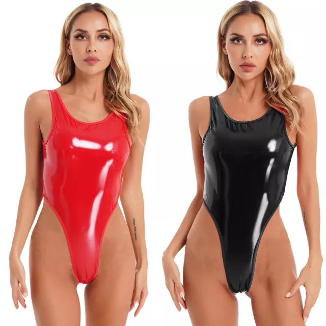 Women Shiny One-Piece Monokini Swimsuit High-Cut Thong Leotard Bodysuit Jumpsuit