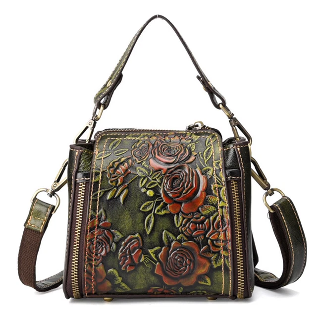 Women Genuine Leather Shoulder Bag Rose Pattern Retro Messenger Tote Handbag