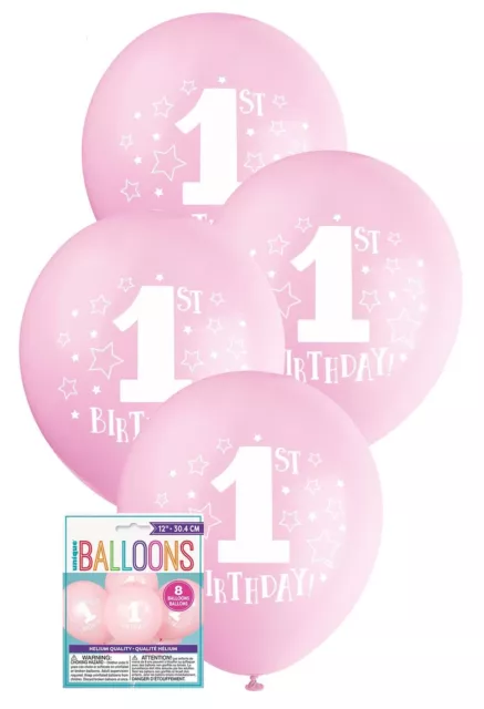 8 x First 1st One Birthday Stars Party Pink Balloons Decoration 30cm Helium Girl