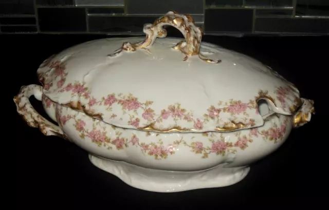 W Guerin Limoges Pink Floral Scalloped Rim Covered Large Soup Tureen 1900