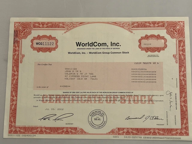 Vintage Worldcom Certificate of Stock 2002 Collectible Bernard Ebbers Scandal