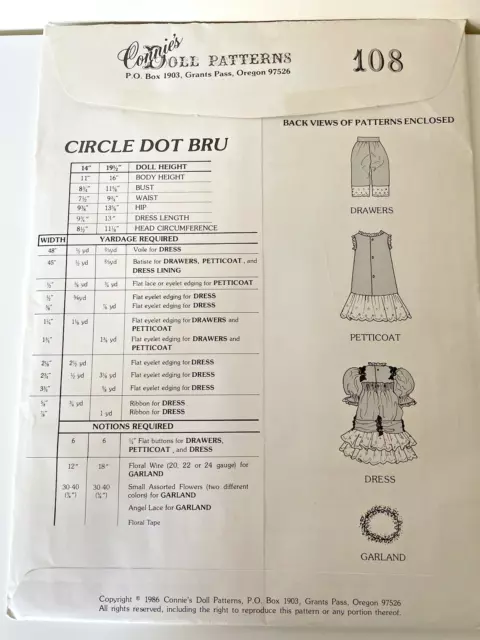 Connie's Doll Patterns #108 Circle Dot Bru 14" & 19 1/2" Girl Dress Vintage 1986 3