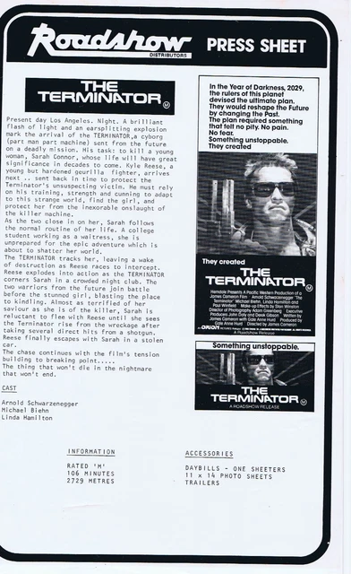 THE TERMINATOR ORIGINAL Australian Movie Press Sheet Arnold ...