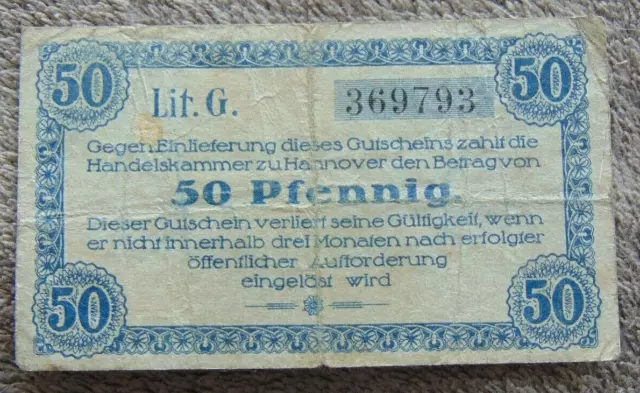 Banknoten, ein Gutschein der Handelskammer über 50 Pfennig, Hannover, 1920 Jahr!