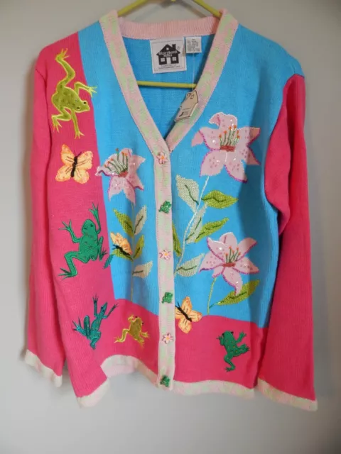 Storybook Knits Frog Sweater Cardigan Size M Medium Embellished Pink  NWT New