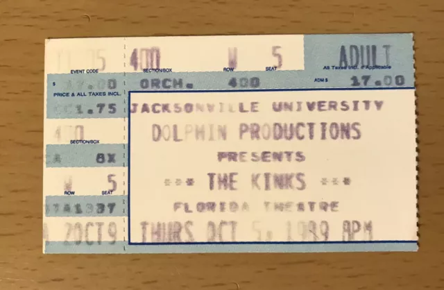 1989 The Kinks Jacksonville Concert Ticket Stub You Really Got Me Ray Davies W5