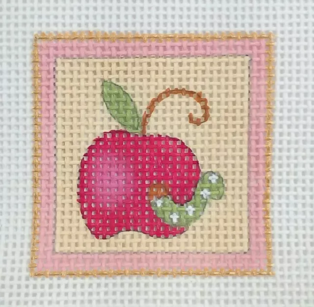 Melissa Shirley HP needlepoint APPLE w/ WORM mini ornament 587-D 2.25"sq 13mesh