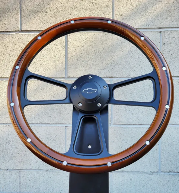 14" Black Billet Steering Wheel Real Wood Mahogany Aluminum Rivets Chevy Bowtie