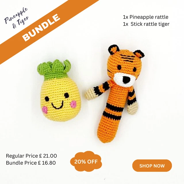 Pacchetto ananas e tigre giocattolo morbido lavorato a mano | regalo bambino | Fairtrade |