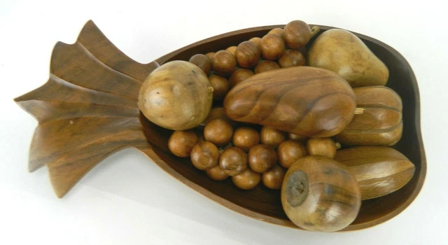 Wooden Pineapple Bowl with Fruit Hand Carved Vintage 10 Piece Home Decor