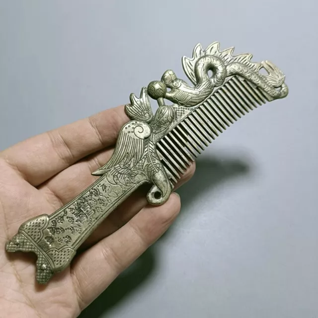Exquisite Old Chinese tibet silver handcarved Dragon phoenix comb statue 80251