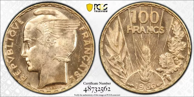 100 Francs or Bazor 1936 Paris PCGS MS64 Splendide à FDC flan miroir Proof-like