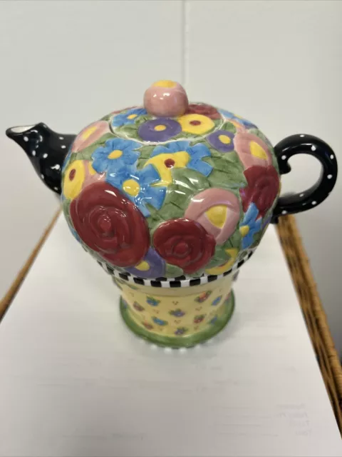 Mary Engelbreit Vintage Teapot For One 2001 Floral Yellow Black Yellow CUTE