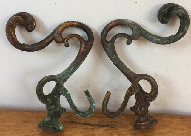 Pair Vintage Solid Brass Distressed Hollywood Regency Curtain Tieback Hooks 4.5" 3