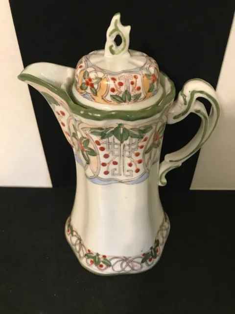 Vintage Japanese Porcelain Chocolate Pot Hand Painted Green And Red Floral 3