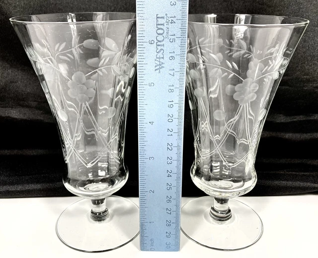 2 Optic Glass Etched Floral Dots Leaf Panel Iced Tea Footed Goblets Set Vtg RARE