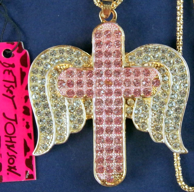 2.25" NWT BETSEY JOHNSON PINK RHINESTONE CHRISTIAN CROSS w/ ANGEL WINGS NECKLACE