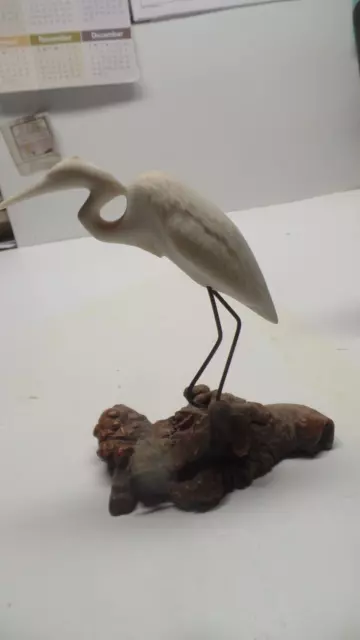 Vtg.  JOHN PERRY Sculptured White Heron Crane Perched On Burlwood Knot Base.