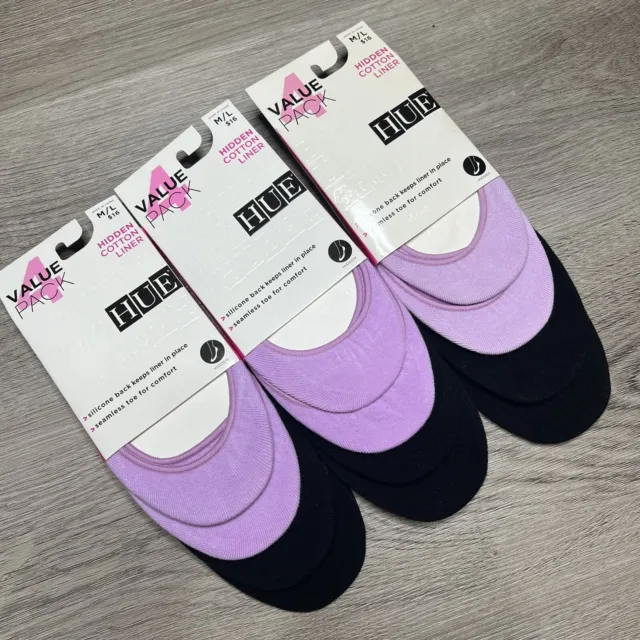HUE Womens Hidden Cotton Liner Socks Size M/L Violet Black 12 Pairs New 3 Pack