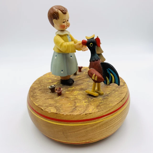 Vintage Thorens Anri Hi Lilli Hilo Girl Feeding Rooster Carved Wood Music Box