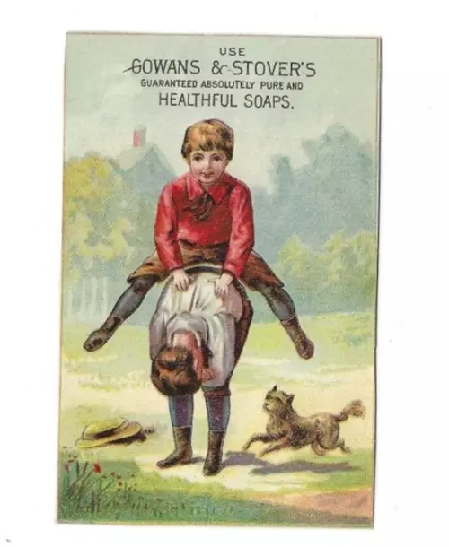 Old Trade Card Gowans & Stover SOAP Boys Playing Leapfrog PRATT Grocer Olean NY