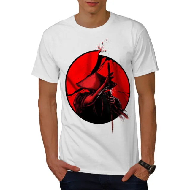 T-shirt Wellcoda Japanese Warrior da uomo, Katana Sun Graphic Design Stampata