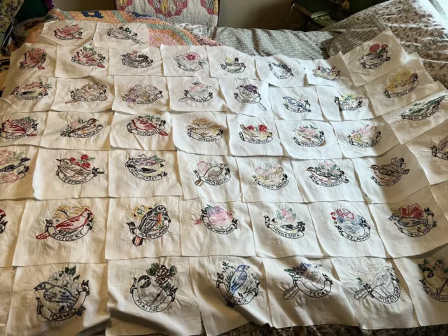 Vintage Hand-Embroidered State Flowers & Birds Quilt Blocks all Fifty 8"Squares