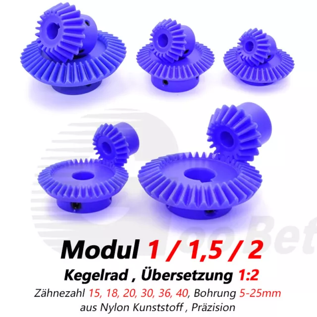 Kunststoff Kegelrad Modul 1 1,5 2 Übersetzung 1:2 15 18 20 30 36 40 Zähne Nylon