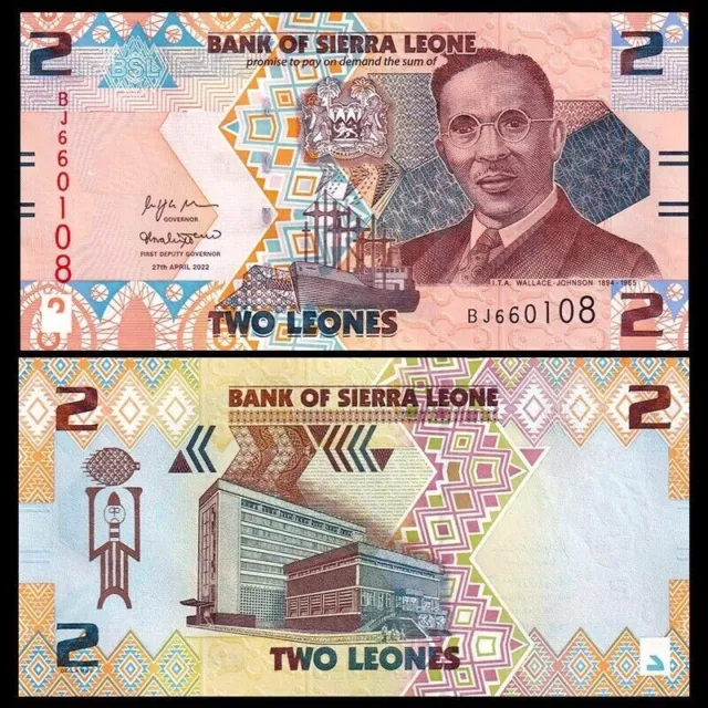 Banknote - 2022 Sierra Leone 2 Leones, PW35 UNC, Isaac Wallace-Johnson, Building