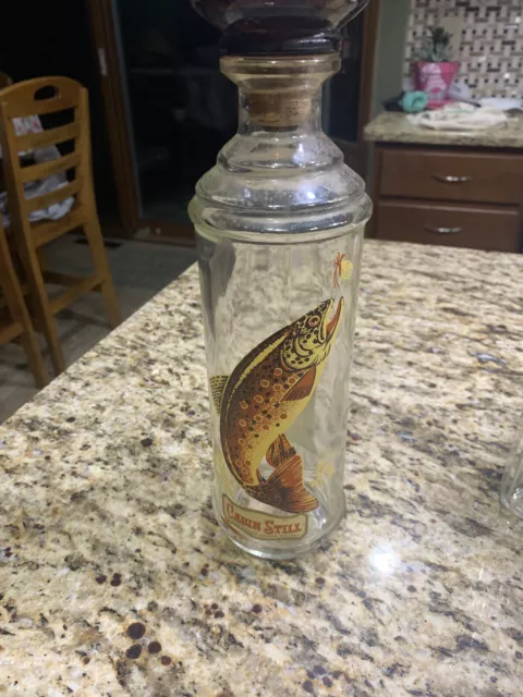 Vintage Cabin Still Whiskey Liquor Decanter Sportsman Set, Fishing With Topper