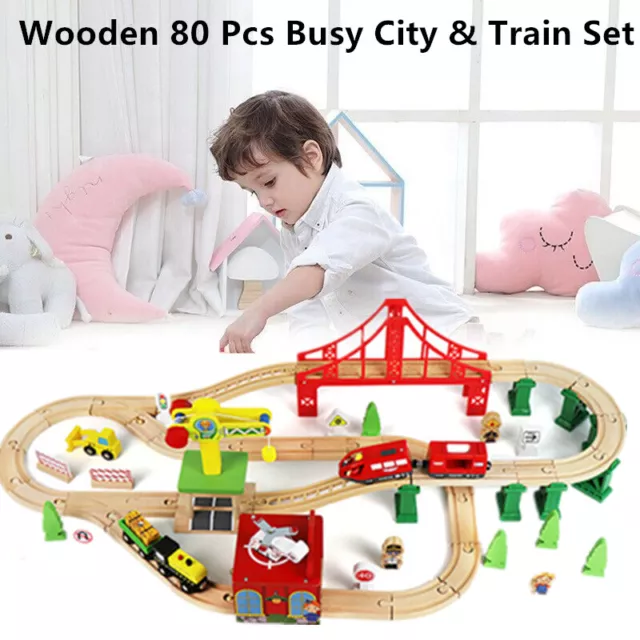 80 pcs Crane Train Set Wooden Train Set Toy Train Boy & Girl  Wooden Train Track