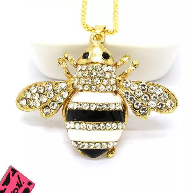 Hot Betsey Johnson Cute Black Enamel Bee Honey Crystal Pendant Chain Necklace